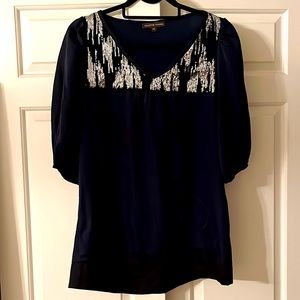 Silk with sequin tunic in blue with black trim